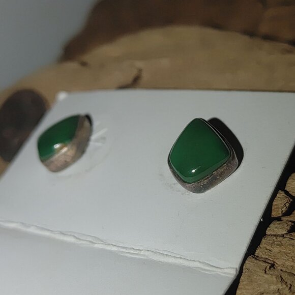 Vintage MR Sterling Silver Stud Earrings Green Onyx Inlay Unique Retro Mexico - Picture 9 of 15